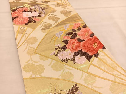 平和屋着物◎六通柄袋帯　唐織　扇面花文　金糸　正絹　逸品　BAAU1261hv