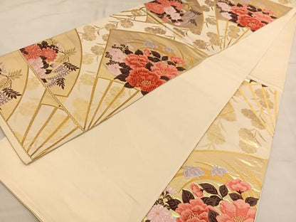 平和屋着物◎六通柄袋帯　唐織　扇面花文　金糸　正絹　逸品　BAAU1261hv