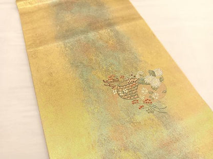 平和屋着物◎太鼓柄袋帯　唐織　花籠文　金糸　引箔　正絹　逸品　BAAU1262hv