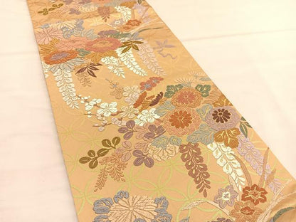 平和屋着物●六通柄袋帯 唐織 草花文 金糸 鈴乃屋扱い 正絹 逸品 未使用 BAAU1273hv
