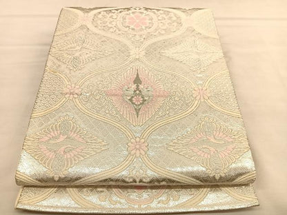 平和屋着物◎六通柄袋帯 唐織 向かい鳳凰花文 銀糸 正絹 逸品 BAAU1278hv