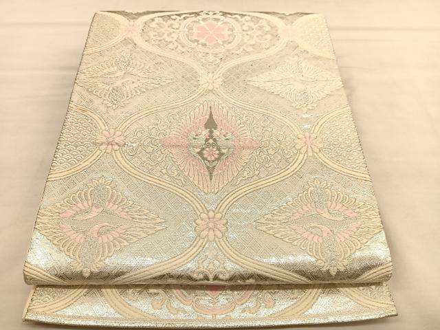 平和屋着物◎六通柄袋帯 唐織 向かい鳳凰花文 銀糸 正絹 逸品 BAAU1278hv