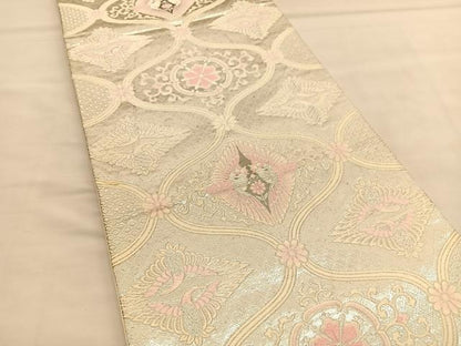 平和屋着物◎六通柄袋帯 唐織 向かい鳳凰花文 銀糸 正絹 逸品 BAAU1278hv