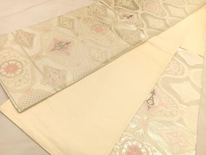 平和屋着物◎六通柄袋帯 唐織 向かい鳳凰花文 銀糸 正絹 逸品 BAAU1278hv