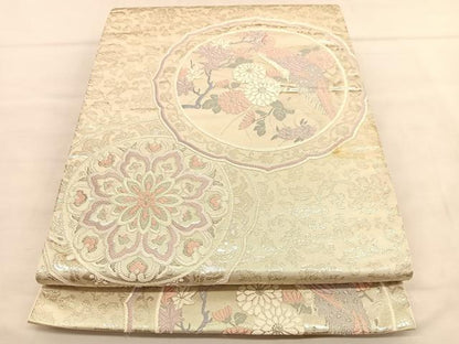 平和屋着物◎六通柄袋帯　唐織　花鳥絵皿文　銀糸　正絹　逸品　BAAU1297hv
