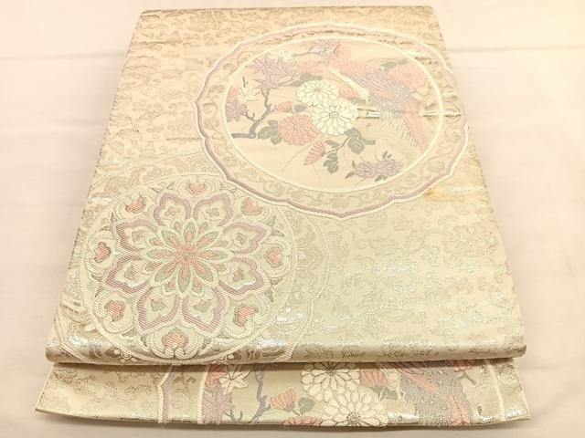 平和屋着物◎六通柄袋帯　唐織　花鳥絵皿文　銀糸　正絹　逸品　BAAU1297hv