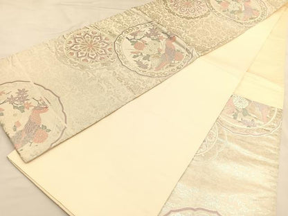 平和屋着物◎六通柄袋帯　唐織　花鳥絵皿文　銀糸　正絹　逸品　BAAU1297hv