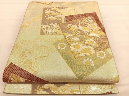 平和屋着物◎佐賀錦 六通柄袋帯 唐織 群鶴色紙花文 金糸 正絹 逸品 BAAU1300hv
