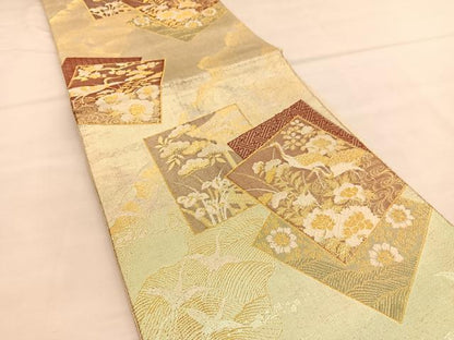 平和屋着物◎佐賀錦 六通柄袋帯 唐織 群鶴色紙花文 金糸 正絹 逸品 BAAU1300hv