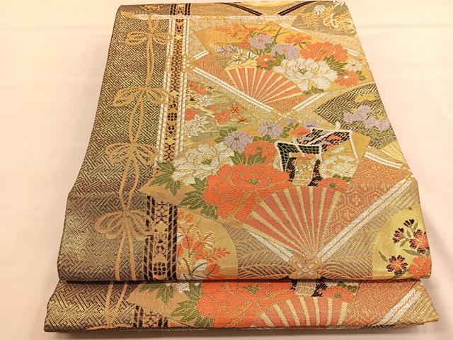 平和屋着物◎佐賀錦 六通柄袋帯 唐織 寿宝 扇面御所車花文 九百錦 金糸 正絹 逸品 BAAU1308hv