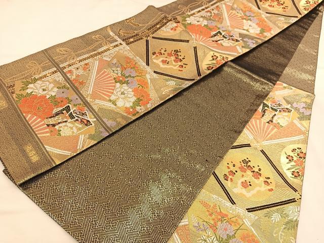 平和屋着物◎佐賀錦 六通柄袋帯 唐織 寿宝 扇面御所車花文 九百錦 金糸 正絹 逸品 BAAU1308hv
