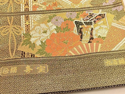 平和屋着物◎佐賀錦 六通柄袋帯 唐織 寿宝 扇面御所車花文 九百錦 金糸 正絹 逸品 BAAU1308hv