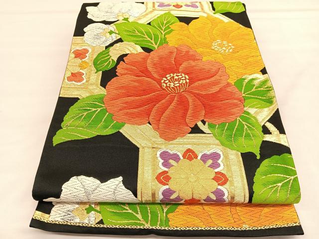 平和屋着物◎六通柄袋帯　唐織　蜀江花文　黒地　金銀糸　正絹　逸品　BAAU1329hv
