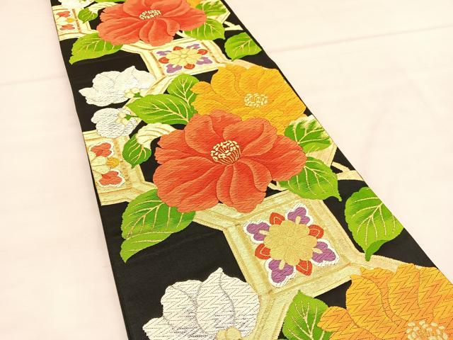 平和屋着物◎六通柄袋帯　唐織　蜀江花文　黒地　金銀糸　正絹　逸品　BAAU1329hv