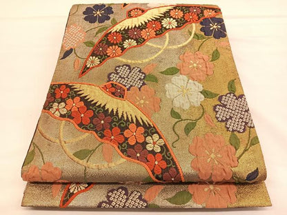 平和屋着物◎六通柄袋帯　唐織　ふくれ織　番傘花文　金糸　正絹　逸品　BAAU1331hv