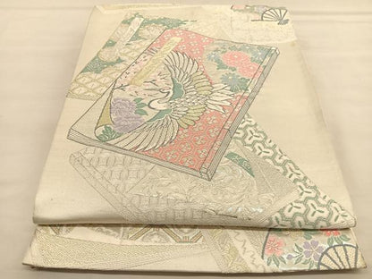 平和屋着物◎六通柄袋帯　唐織　冊子鶴花文　金銀糸　正絹　逸品　BAAU1339hv