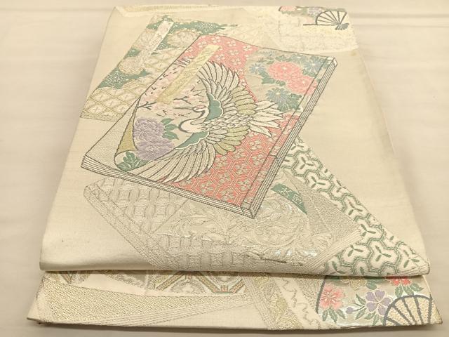 平和屋着物◎六通柄袋帯　唐織　冊子鶴花文　金銀糸　正絹　逸品　BAAU1339hv