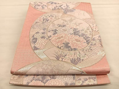 平和屋着物◎六通柄袋帯　唐織　地紙花丸文　銀糸　正絹　逸品　BAAU1343hv