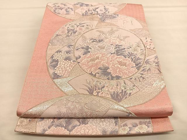 平和屋着物◎六通柄袋帯　唐織　地紙花丸文　銀糸　正絹　逸品　BAAU1343hv
