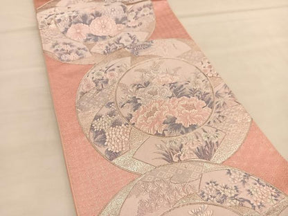 平和屋着物◎六通柄袋帯　唐織　地紙花丸文　銀糸　正絹　逸品　BAAU1343hv