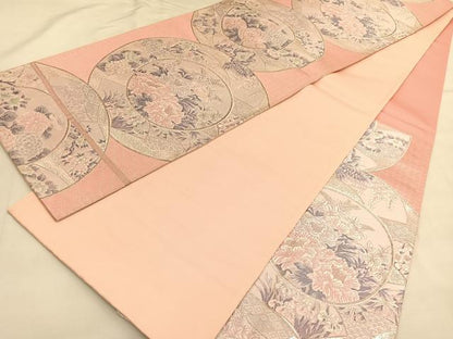 平和屋着物◎六通柄袋帯　唐織　地紙花丸文　銀糸　正絹　逸品　BAAU1343hv