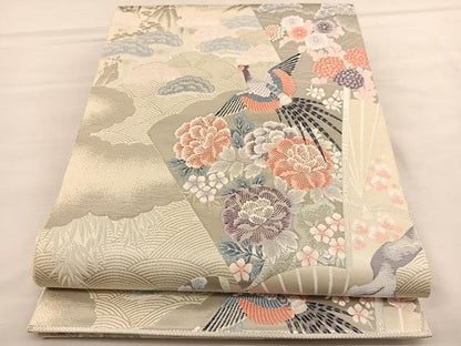 平和屋着物◎六通柄袋帯　唐織　雉檜扇花文　九百錦　プラチナ箔　正絹　逸品　BAAU1352hv