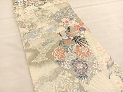 平和屋着物◎六通柄袋帯　唐織　雉檜扇花文　九百錦　プラチナ箔　正絹　逸品　BAAU1352hv