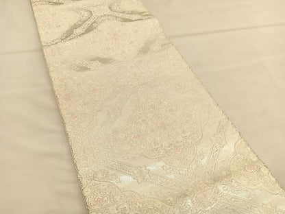 平和屋着物◎六通柄袋帯　唐織　菱天井飾花文　銀糸　正絹　逸品　BAAU1356hv