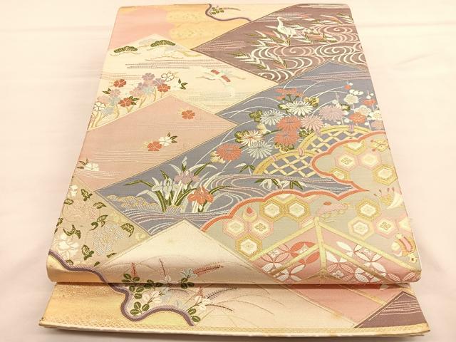 平和屋着物◎六通柄袋帯　唐織　貼文御所解文　金糸　正絹　逸品　BAAU1357hv