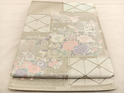 平和屋着物◎六通柄袋帯　唐織　色紙花鳥文　九百錦　プラチナ箔　正絹　逸品　BAAU1365hv
