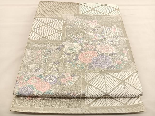 平和屋着物◎六通柄袋帯　唐織　色紙花鳥文　九百錦　プラチナ箔　正絹　逸品　BAAU1365hv