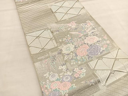 平和屋着物◎六通柄袋帯　唐織　色紙花鳥文　九百錦　プラチナ箔　正絹　逸品　BAAU1365hv