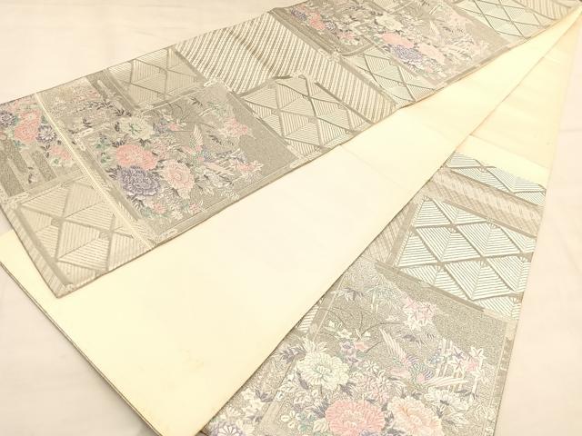 平和屋着物◎六通柄袋帯　唐織　色紙花鳥文　九百錦　プラチナ箔　正絹　逸品　BAAU1365hv