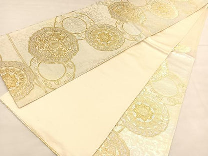 平和屋着物◎六通柄袋帯　花鳥絵皿文　金銀糸　正絹　逸品　BAAU1373hv