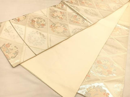 平和屋着物◎六通柄袋帯　唐織　菱天井秋草丸文　銀糸　正絹　逸品　BAAU1383hv