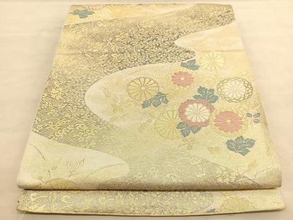 平和屋着物◎六通柄袋帯　唐織　流水菊文　金糸　正絹　逸品　BAAU1384hv