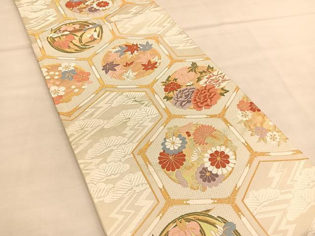 平和屋着物◎六通柄袋帯　唐織　亀甲花丸文　金糸　正絹　逸品　BAAU1390hv