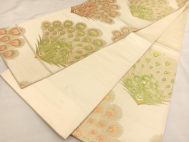 平和屋着物◎六通柄袋帯　唐織　孔雀　金糸　正絹　逸品　BAAU1405hv