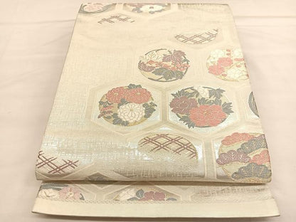 平和屋着物◎六通柄袋帯　唐織　亀甲花丸文　金糸　正絹　逸品　BAAU1407hv
