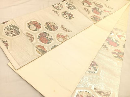 平和屋着物◎六通柄袋帯　唐織　亀甲花丸文　金糸　正絹　逸品　BAAU1407hv