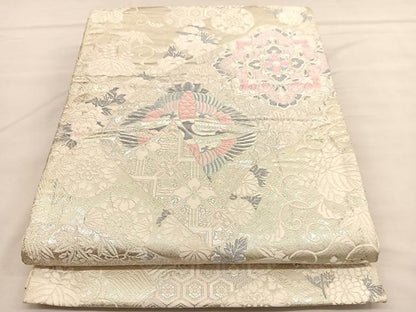 平和屋着物◎六通柄袋帯　唐織　正倉院双鶴花文　銀糸　正絹　逸品　BAAU1408hv