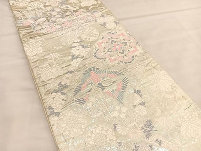 平和屋着物◎六通柄袋帯　唐織　正倉院双鶴花文　銀糸　正絹　逸品　BAAU1408hv