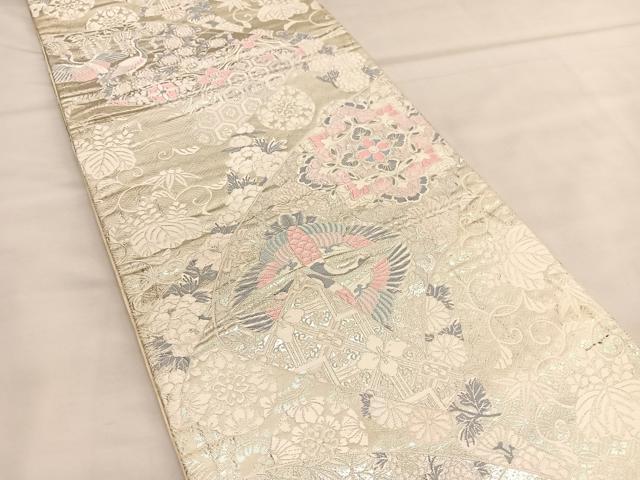 平和屋着物◎六通柄袋帯　唐織　正倉院双鶴花文　銀糸　正絹　逸品　BAAU1408hv
