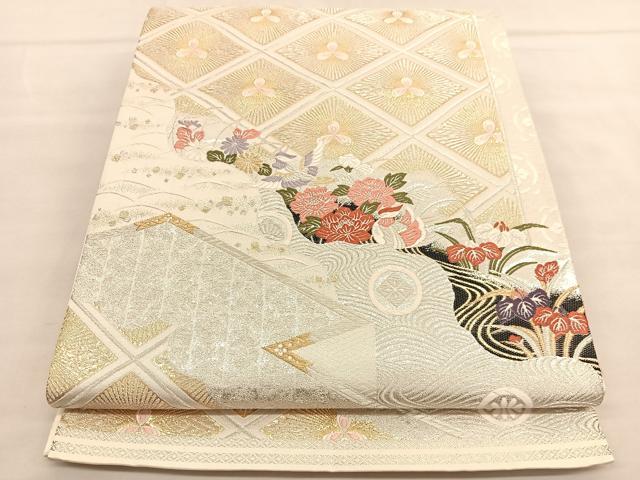 平和屋着物◎六通柄袋帯 唐織 花鳥菱文 金銀糸 正絹 逸品 BAAU1412hv