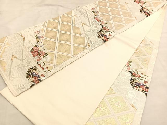 平和屋着物◎六通柄袋帯 唐織 花鳥菱文 金銀糸 正絹 逸品 BAAU1412hv