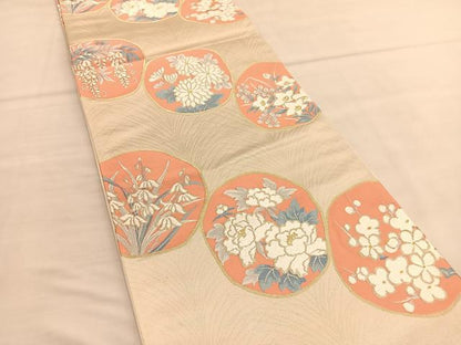 平和屋着物◎六通柄袋帯 唐織 花丸文 金銀糸 正絹 逸品 未使用 BAAU1422hv