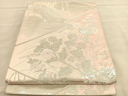 平和屋着物◎六通柄袋帯　唐織　渡橋秋草文　銀糸　正絹　逸品　BAAU1436hv