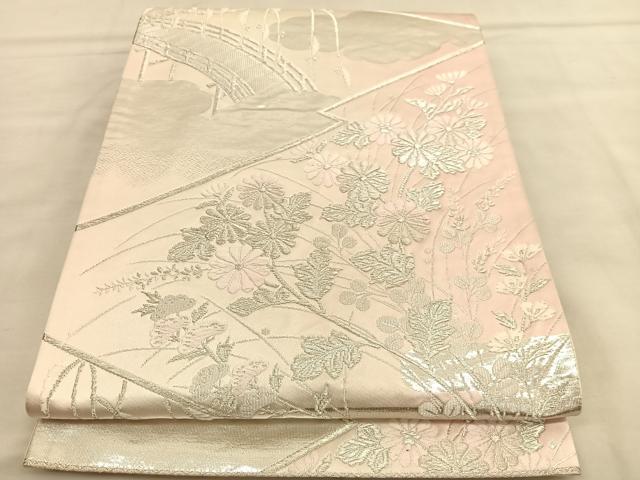 平和屋着物◎六通柄袋帯　唐織　渡橋秋草文　銀糸　正絹　逸品　BAAU1436hv