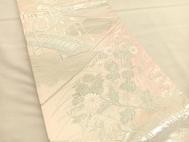 平和屋着物◎六通柄袋帯　唐織　渡橋秋草文　銀糸　正絹　逸品　BAAU1436hv