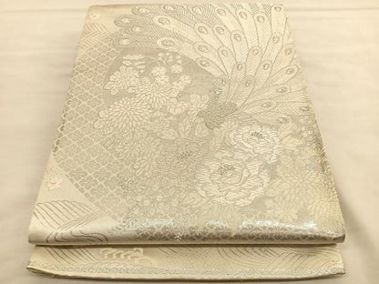 平和屋着物◎六通柄袋帯　唐織　美保姿　孔雀花文　銀糸　正絹　逸品　BAAU1446hv